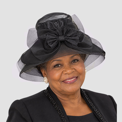 Rhinestone DO Bow Back Organza Church Hat in Black