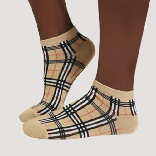 EANKLE 1001BK Ankle Cut Fun Socks in Plaid Beige
