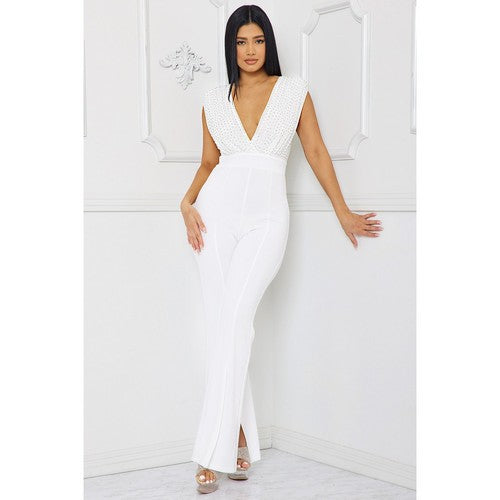 IB2165SP Rhinestone Jumpsuit in Ivory