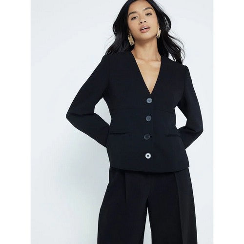 140028847 River Island Collarless Deep V Blazer in Black