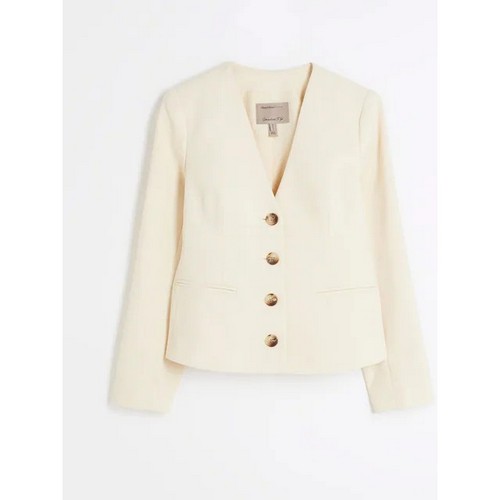 River Island Collarless Deep V Blazer in Buttermilk