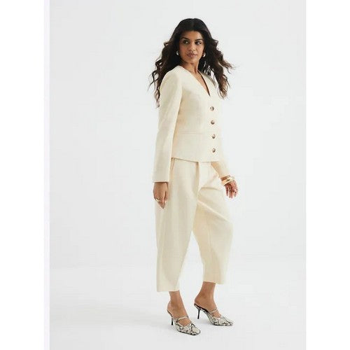 River Island Collarless Deep V Blazer in Buttermilk