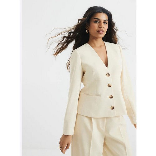 140028847 River Island Collarless Deep V Blazer in Buttermilk