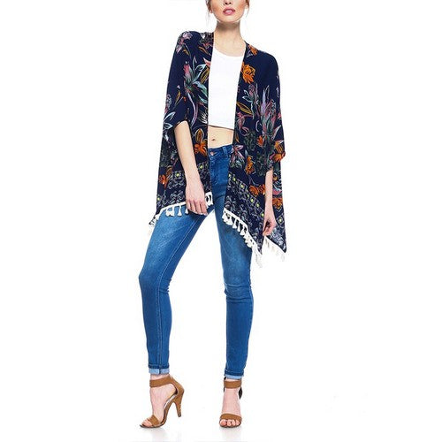 Floral Tassel Kimono Navy