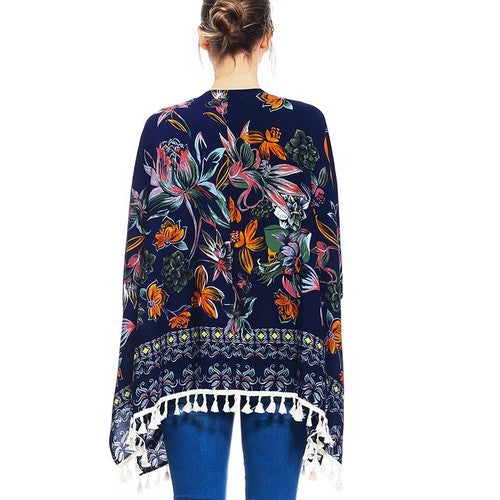 Floral Tassel Kimono Navy