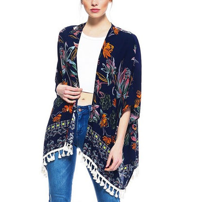 Floral Tassel Kimono Navy