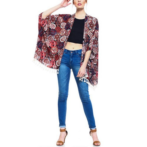 Circle Print Tassel Kimono Black