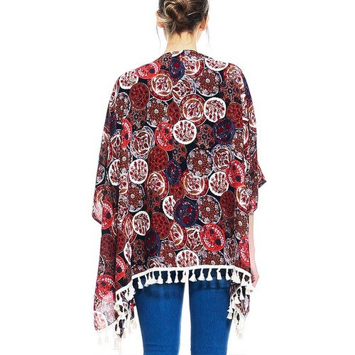 Circle Print Tassel Kimono Black