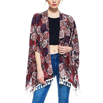 Circle Print Tassel Kimono Black