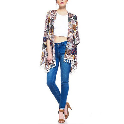 Circle Print Tassel Kimono White