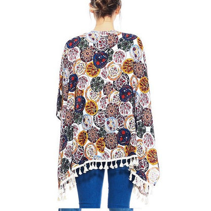 Circle Print Tassel Kimono White