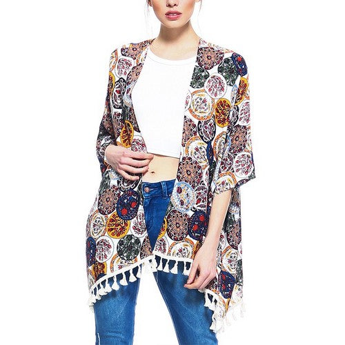 Circle Print Tassel Kimono White