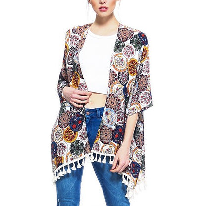 Circle Print Tassel Kimono White