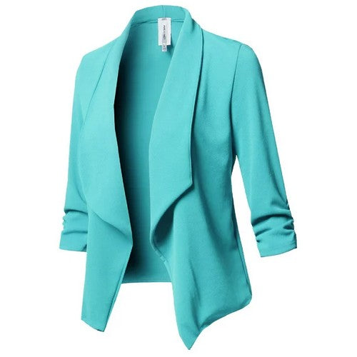 Open Front Rouch Sleeve Jacket Turquoise