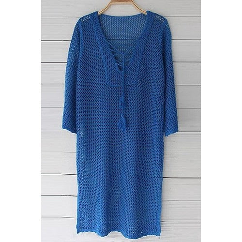 CHD050132-0317-C Tie Neck Crochet Cover-Up Blue