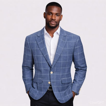 Scott Luxury Plaid Linen Blazer in Blue