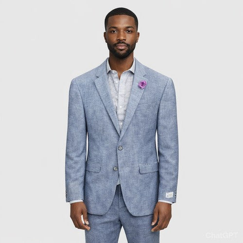 Scott Luxury Linen Blazer in Light Blue with Purple Lapel Pin