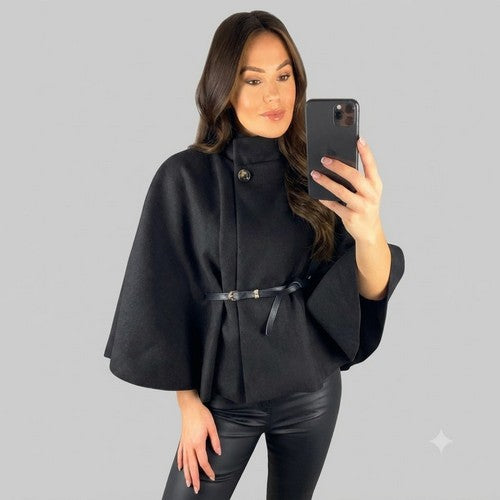 Bella Paris Belted Wool Poncho Black