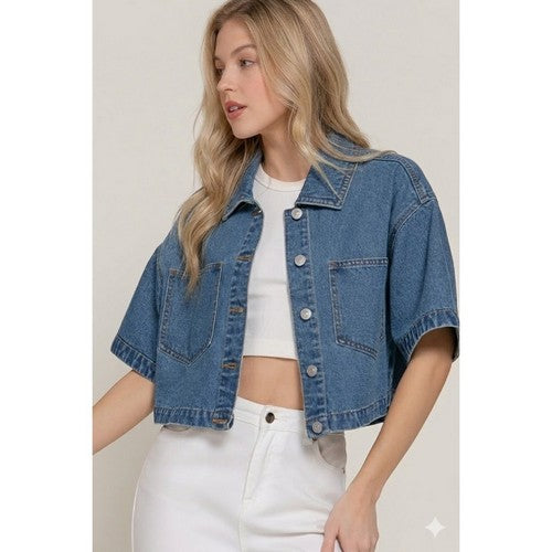 Boxy Crop Denim Jacket in Medium Denim