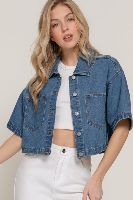 J14363 Boxy Crop Denim Jacket in Medium Denim