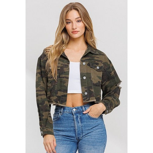 T17409 Ripped Denim Drop Shoulder Crop Jacket in Green Camo