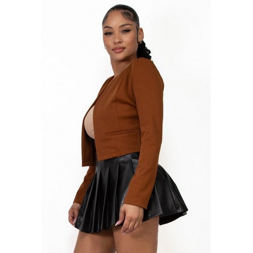 Open Front Crop Jacket in Brown