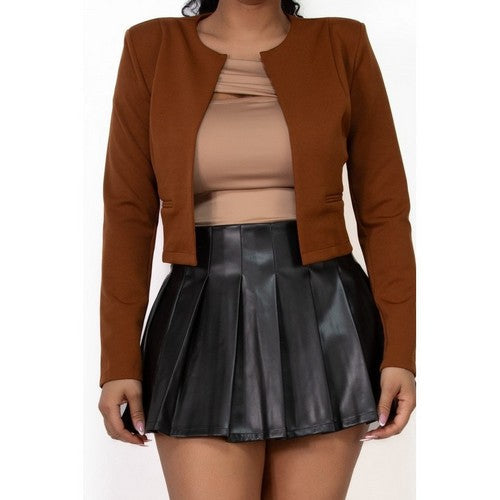 Open Front Crop Jacket in Brown