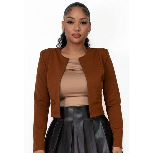 BJ07361 Open Front Crop Jacket in Brown