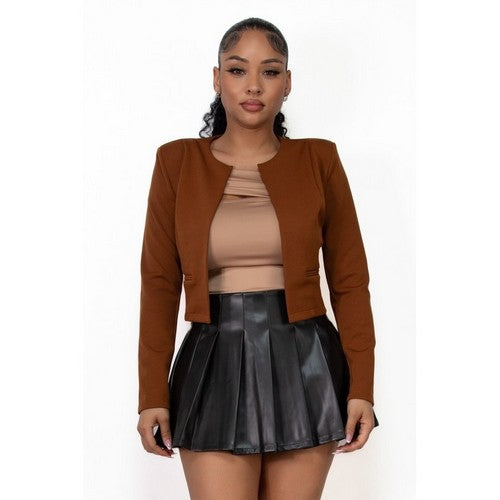 Open Front Crop Jacket in Brown