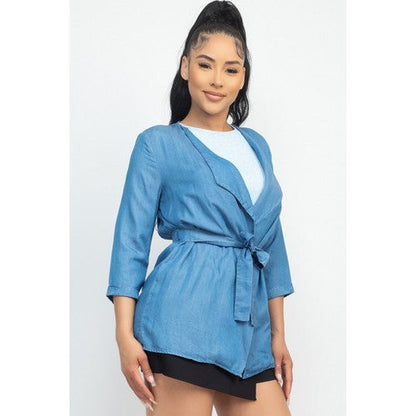 Tie Waist Soft Duster Jacket in Light Denim