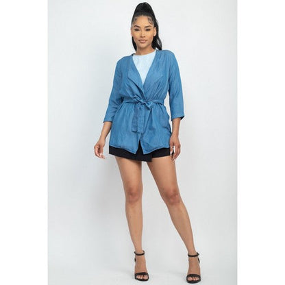 Tie Waist Soft Duster Jacket in Light Denim