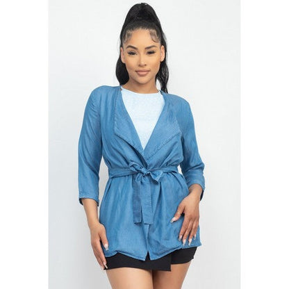 IJ99312 Tie Waist Denim Soft Jacket in Light Denim