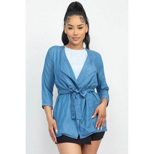 IJ99312 Tie Waist Denim Soft Jacket in Light Denim