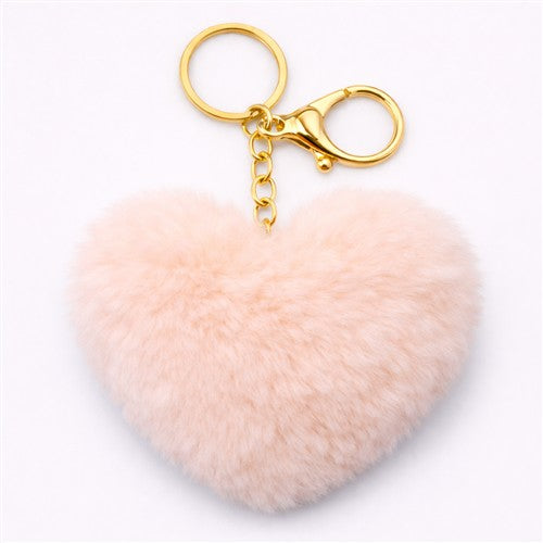 Heart Pom Pom Fur Keychain in Peach