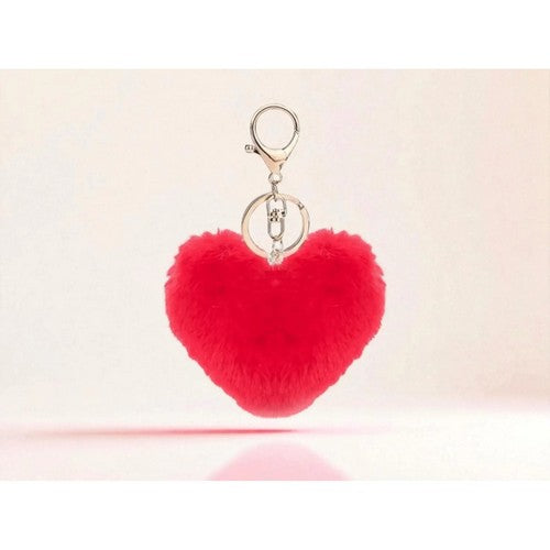 Heart Pom Pom Fur Keychain in Red