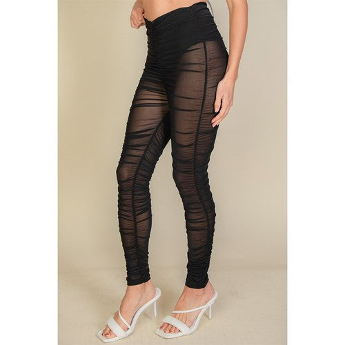 Ruche High Waist Mesh Leggings in Black