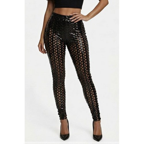 K0865 Cut Out Metallic Leggings in Black