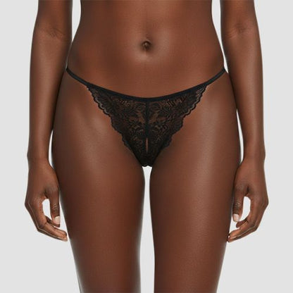 Lace Front Crotchless Thong Panty in Black