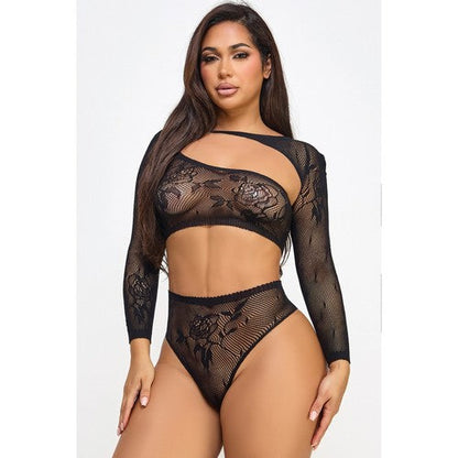 SP-BWC20250221579005 Rose Lace Fishnet Lingerie Set in Black