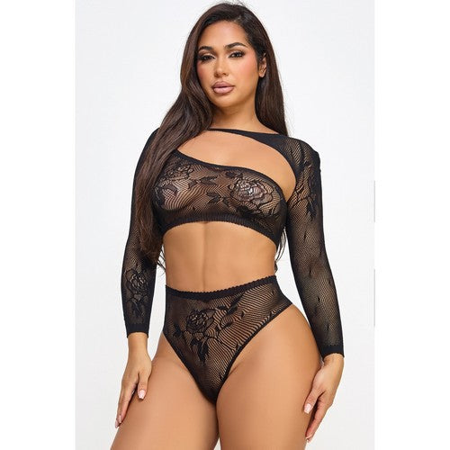 SP-BWC20250221579005 Rose Lace Fishnet Lingerie Set in Black