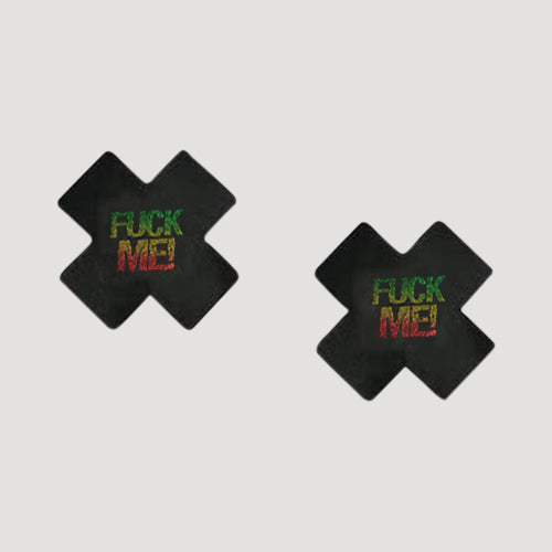 Cross Cross Sexy Nipple Cover Pasties 1 Pair - F Me! in Black & Red/Gold/Green