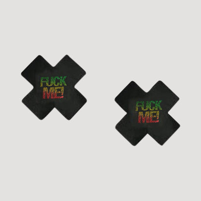 Cross Cross Sexy Nipple Cover Pasties 1 Pair - F Me! in Black & Red/Gold/Green