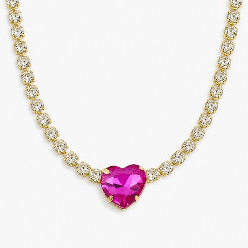 N7729 Large Crystal Heart Pendant Choker in Gold & Pink