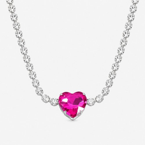 N7729 Large Crystal Heart Pendant Necklace in Silver & Pink