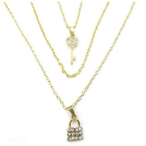 PKN8114 Padlock & Key Triple Layer Necklace Gold