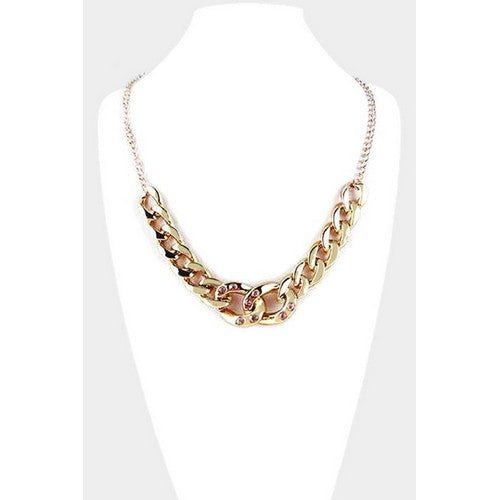 PKN1517 Rhinestone Metal Chain Link Necklaces Gold
