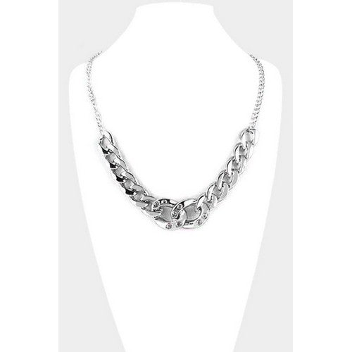 PKN1517 Rhinestone Metal Chain Link Necklaces Silver