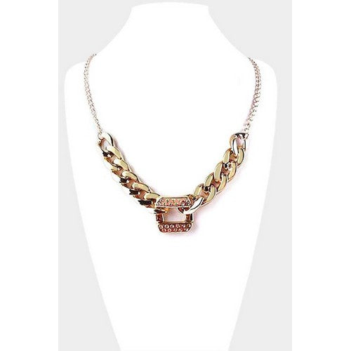 PKN1519 Rhinestone Metal Chain Link Necklaces Gold