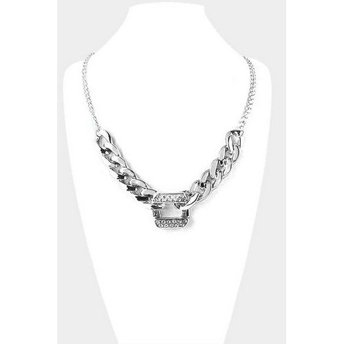 PKN1519 Rhinestone Metal Chain Link Necklaces Silver