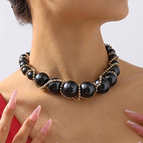 Pearl Rhinestone Gothic Necklace in Black